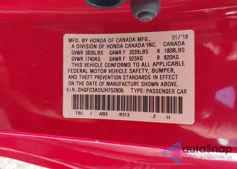 2018 Honda Civic Si from USA, damaged, VIN 2HGFC3A55JH752806